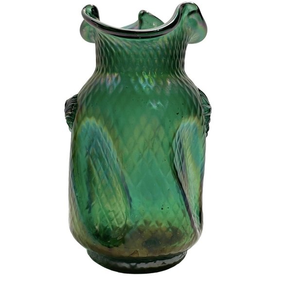 Antique 1900s Pallme-Konig Art Nouveau Green Iridescent Art Glass Vase Austrian - Picture 5 of 10